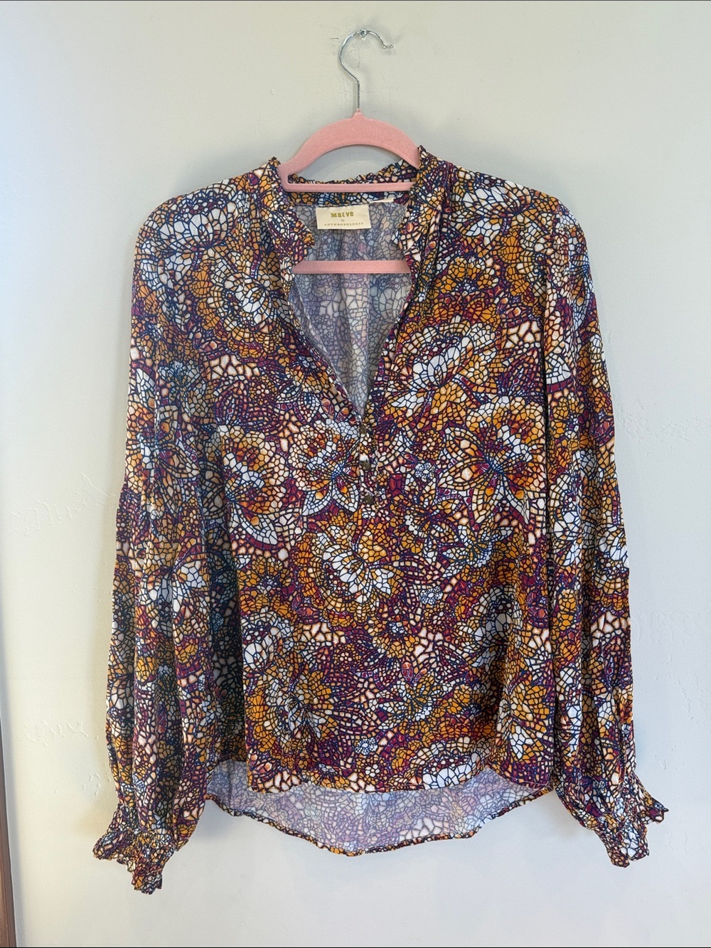 Anthropologie Maeve blouse multicolor Stained Glass Red Orange size Small